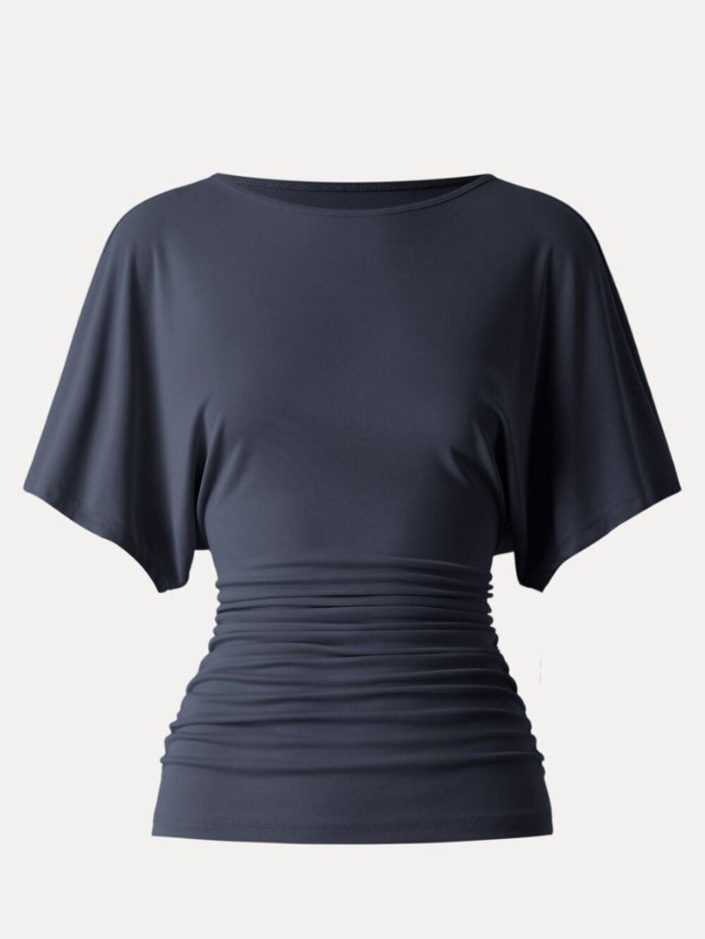 OGL Sandwashed Effortless Boatneck Batwing Sleeve Side Ruched Top Navy Sz Large